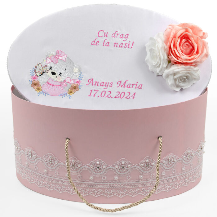 Set Botez "Imbratisarea Fericirii", format din Trusou Complet si Lumanare, model Ursulet, 10 piese, pentru Fete, culoare Roz , marca LoreBebe ® - imagine 4