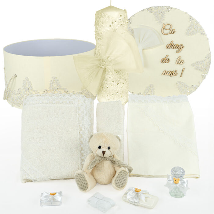 Set Botez "Inspiratie", format din Trusou Complet si Lumanare, model Ursulet, 10 piese, pentru Fete, culoare Crem, marca LoreBebe ® - imagine 4