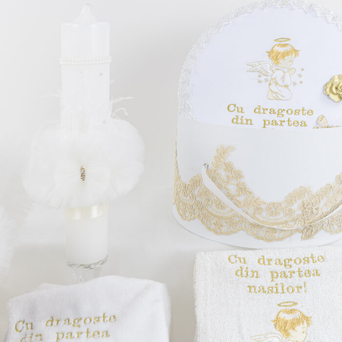 Set Botez "Alb ca Zapada", format din Trusou Complet, Lumanare si Tinuta Eleganta, model Ingeras, 12 piese, pentru Fete, culoare Alb, marca LoreBebe ® - imagine 4