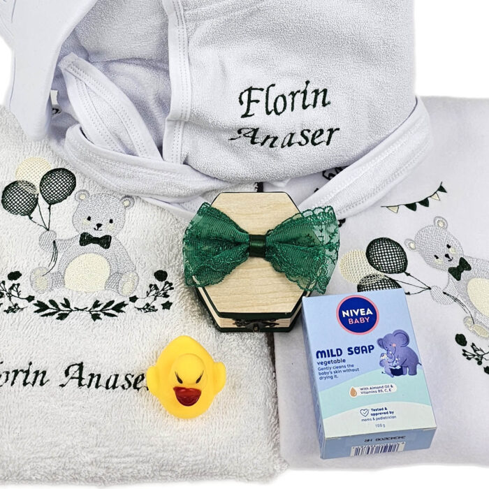 Set Prima Baita cu Nasii "Florin", model Ursulet, 8 piese, pentru Baieti, culoare Verde, marca LoreBebe ® - imagine 4