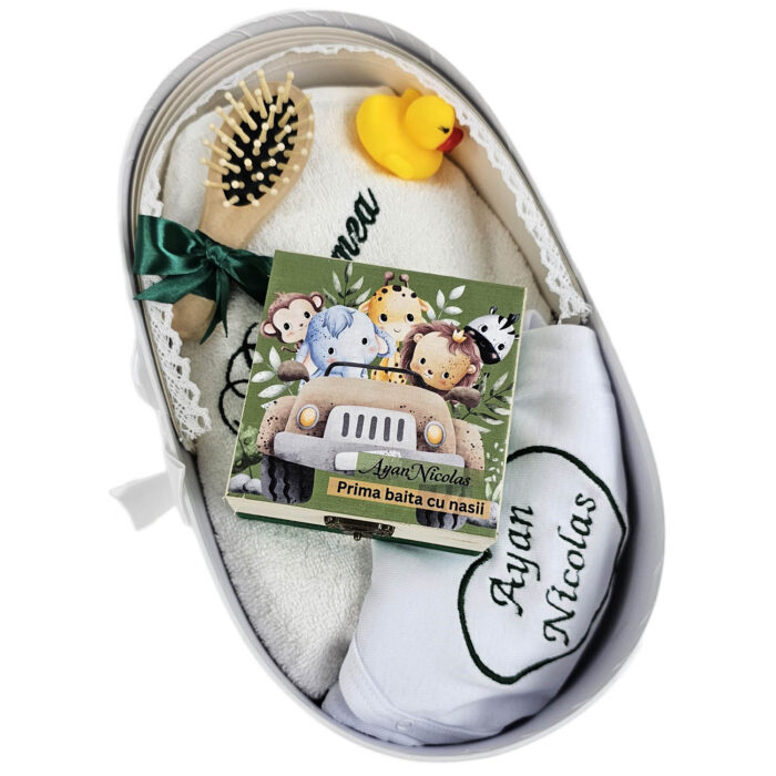 Set Prima Baita cu Nasii "Ayan", model Mesaj Personalizat, 6 piese, pentru Baieti, culoare Verde, marca LoreBebe ® - imagine 4