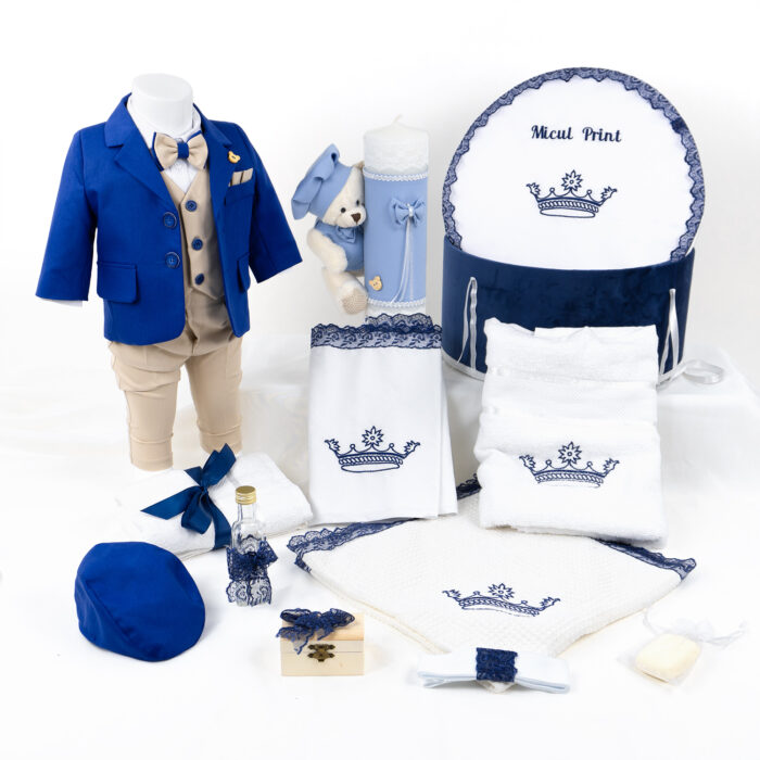 Set Botez "Calatoria Printului", format din Trusou Complet, Lumanare si Tinuta Eleganta, model Micul Print, 16 piese, pentru Baieti, culoare Albastru, marca LoreBebe ® - imagine 4