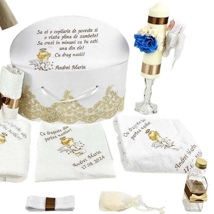 Set Botez "Andrei Marin", format din Trusou Complet, Lumanare si Tinuta Eleganta, model Ingeras, 17 piese, pentru Baieti, culoare Crem, marca LoreBebe ® - imagine 4