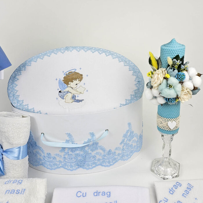 Set Botez "Ingerasul", format din Trusou Complet, Lumanare si Tinuta Eleganta, model Ingeras, 17 piese, pentru Baieti, culoare Bleumarin, marca LoreBebe ® - imagine 4