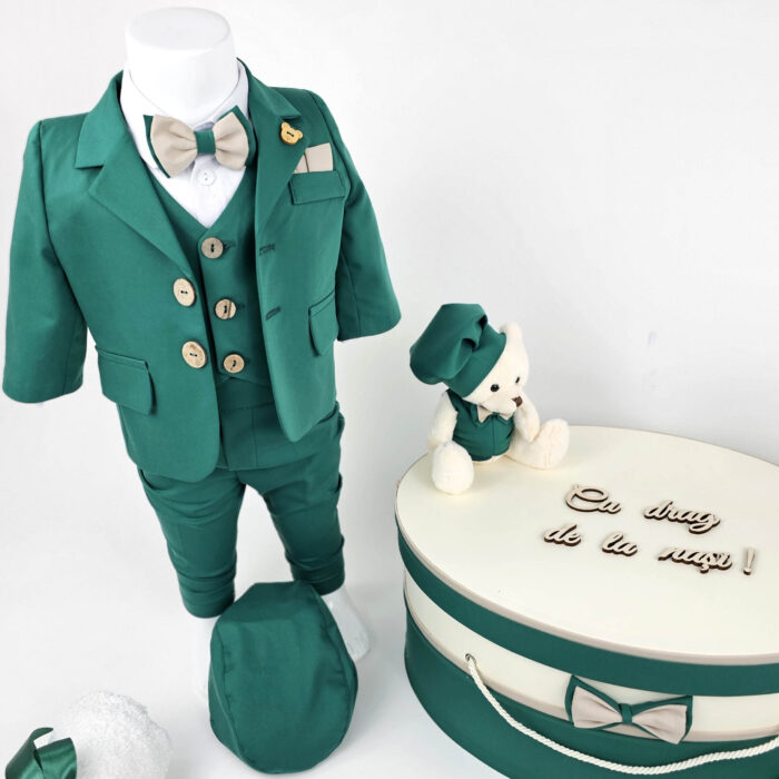Set Botez "Florin Anaser", format din Trusou Complet, Lumanare si Tinuta Eleganta, model Ursulet, 17 piese, pentru Baieti, culoare Verde, marca LoreBebe ® - imagine 4